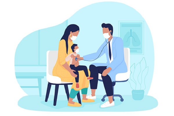 Illustration of a doctor holding a stethoscope to a childs chest whilst child is sat on their mothers knee