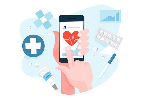 Illustration of a hand holding a mobile phone with health icons around it